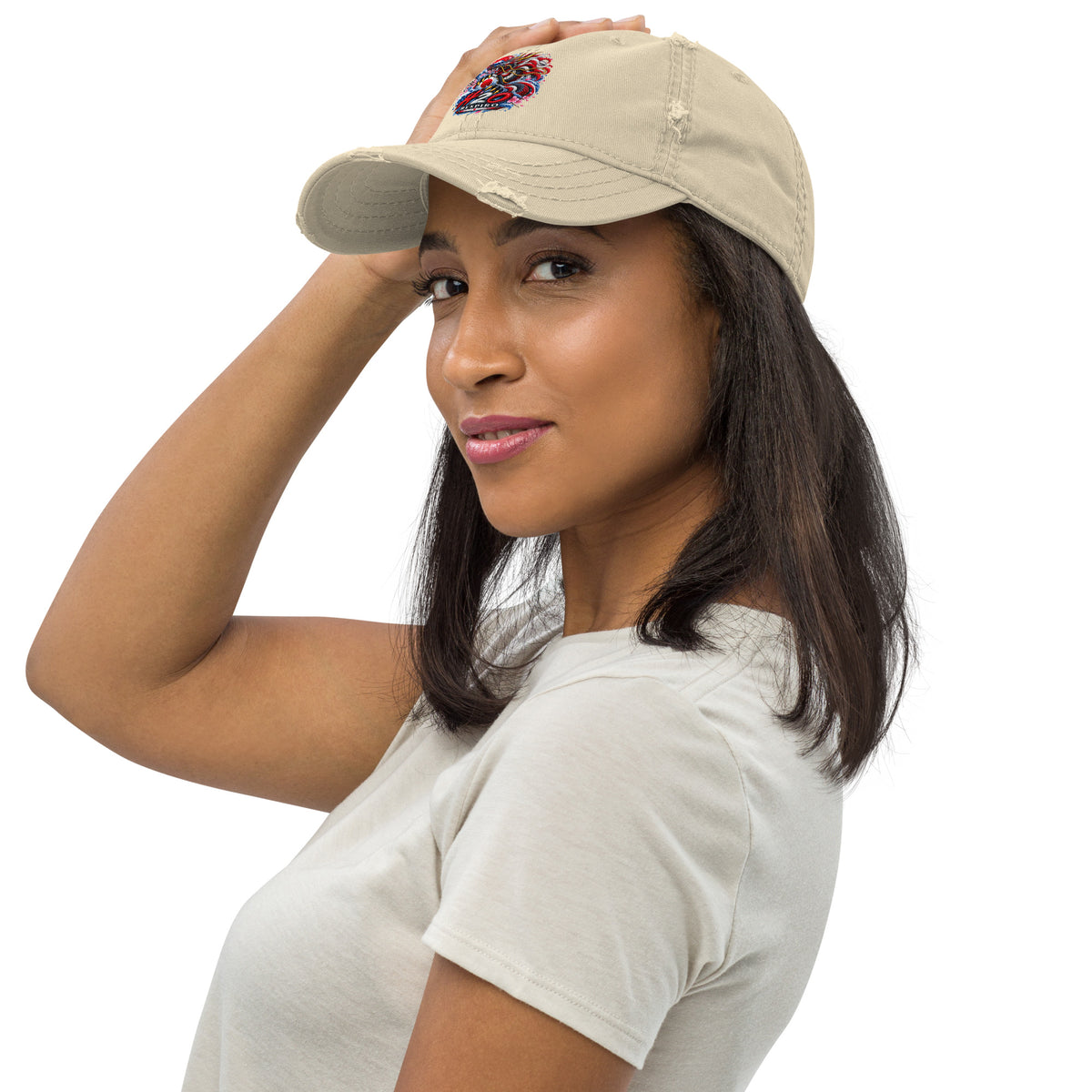 Casquette Dragon Flow – Édition Japon H2O RESPIRO beige, vue avant gauche avec motif dragon brodé.