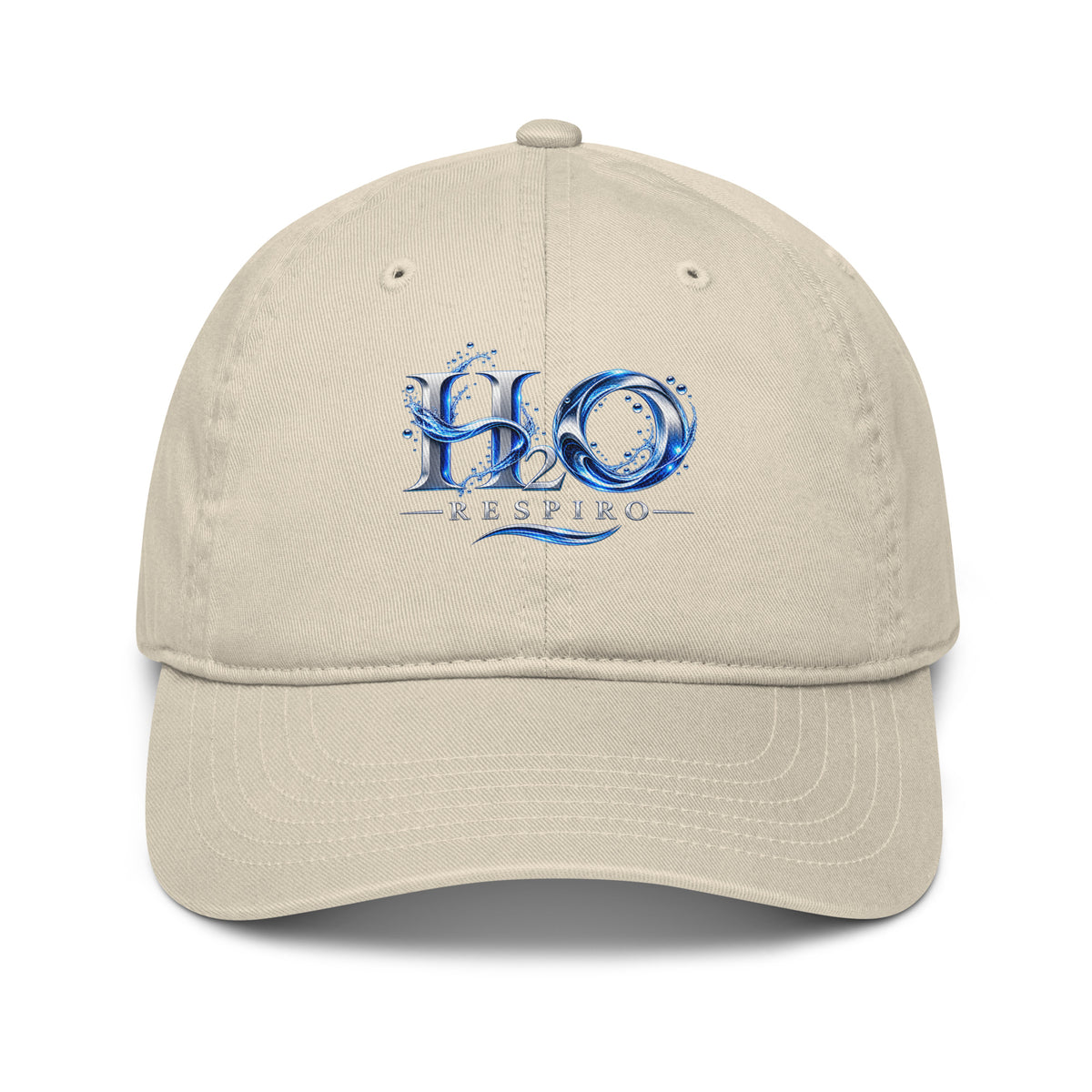Casquette de baseball bio H2O RESPIRO de H2O RESPIRO, beige, en tissu, avec logo bleu sur l’avant et visière courbée.
