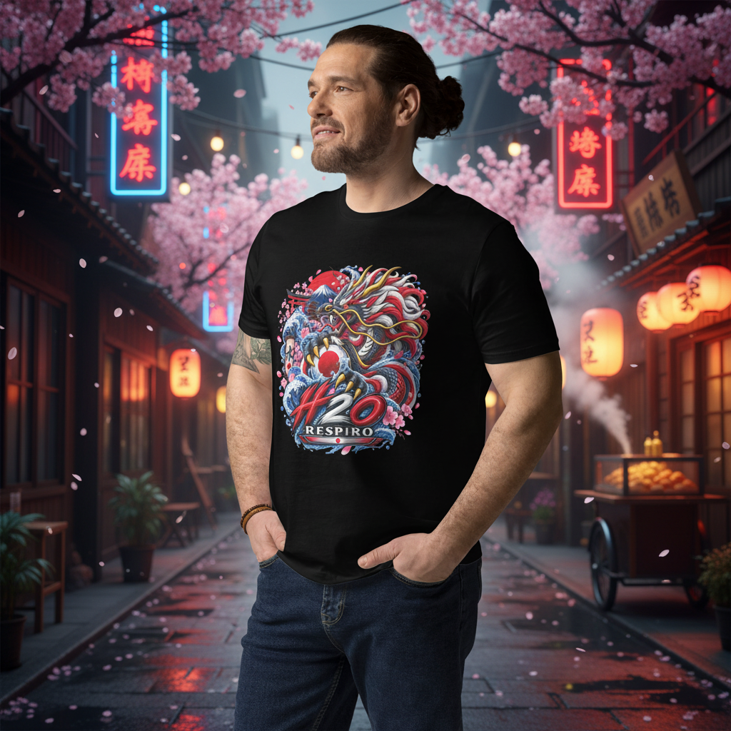 T-shirt unisexe Dragon Flow – Édition Japon de H2O RESPIRO en coton noir, porté par un homme, avec un grand motif dragon coloré sur la poitrine et des lanternes japonaises floues en arrière-plan.