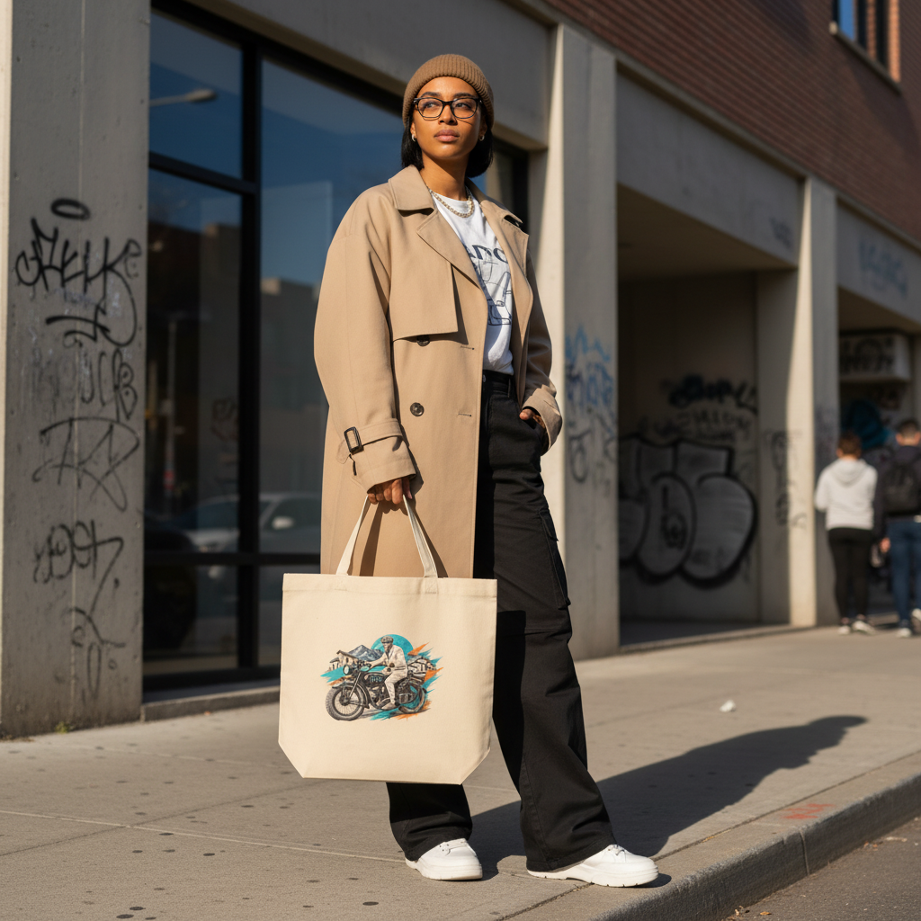 Sac fourre-tout H2O RESPIRO Tote Bag Bio beige en toile, porté par une femme en manteau long camel et pantalon noir, avec un motif moto imprimé sur l’avant.