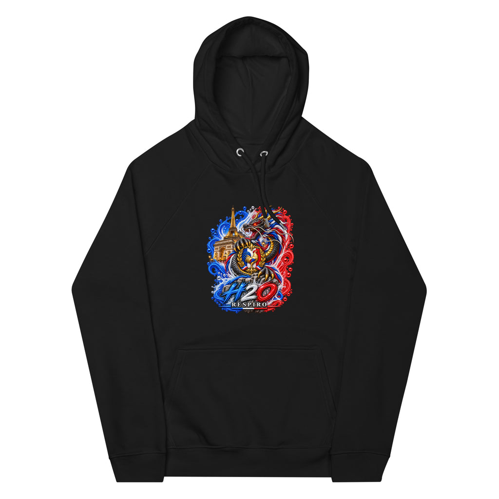 Hoodie Dragon Flow – Édition France H2O RESPIRO noir, vue de face avec grand motif dragon tricolore.