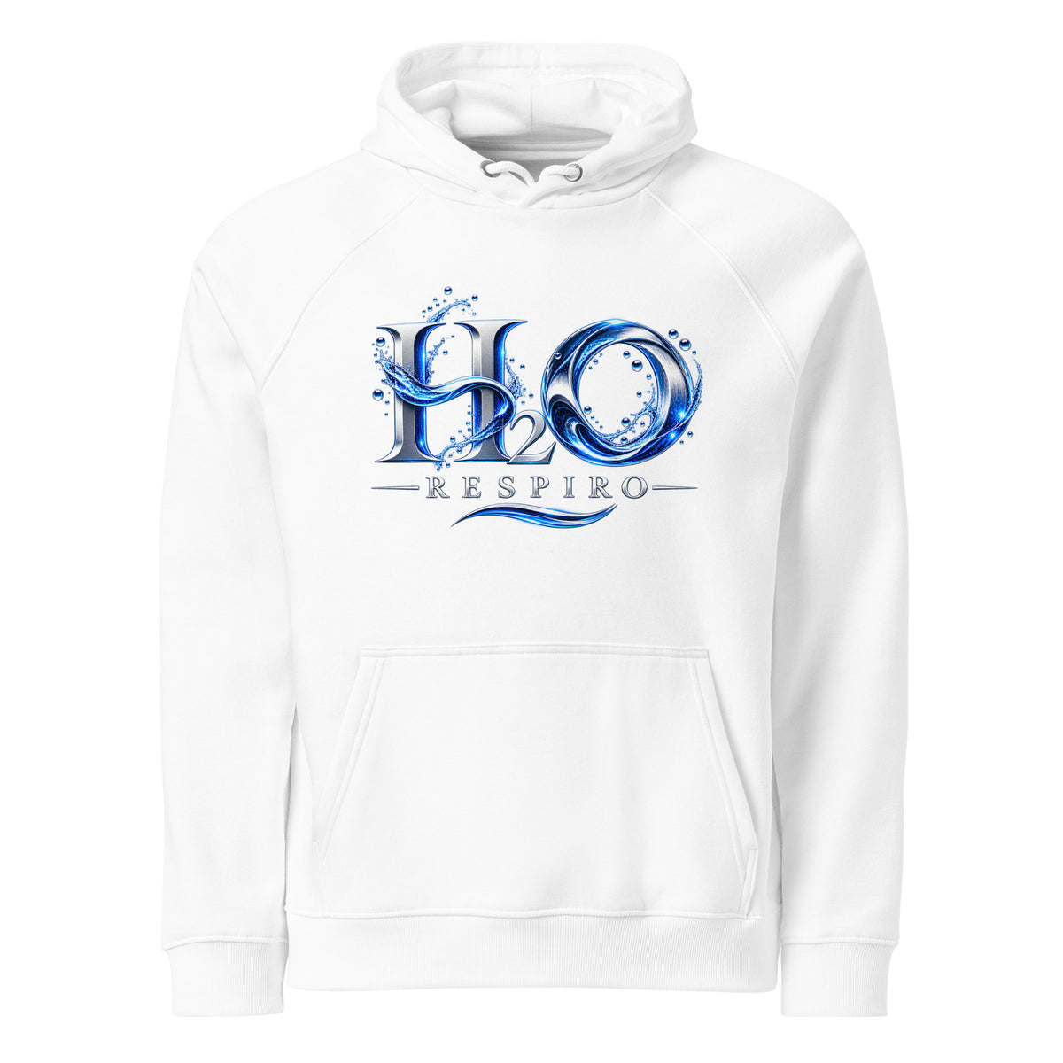 Sweat à capuche écologique H2O RESPIRO blanc, avec logo bleu imprimé sur le devant, poche kangourou et capuche à cordon.