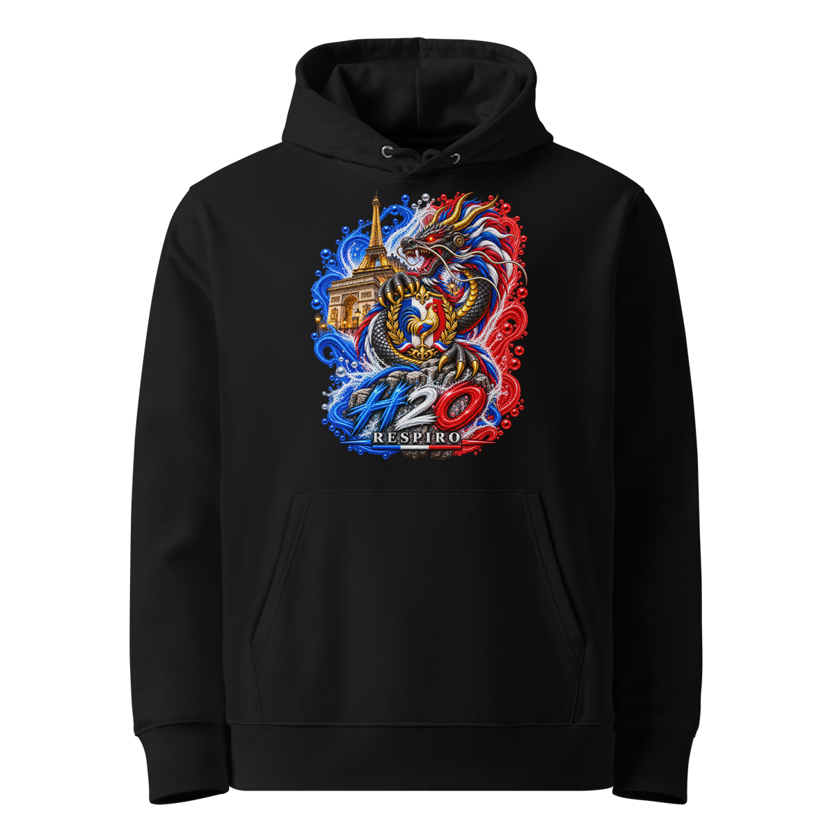 Hoodie premium Dragon Flow – Édition France H2O RESPIRO, noir, vue de face.