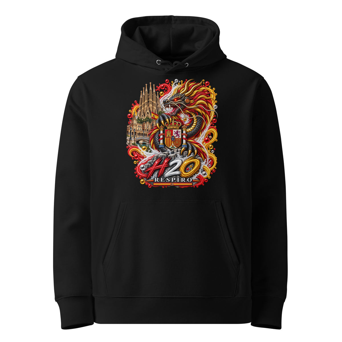 Hoodie premium Dragon Flow – Édition Espagne H2O RESPIRO, noir, vue de face.