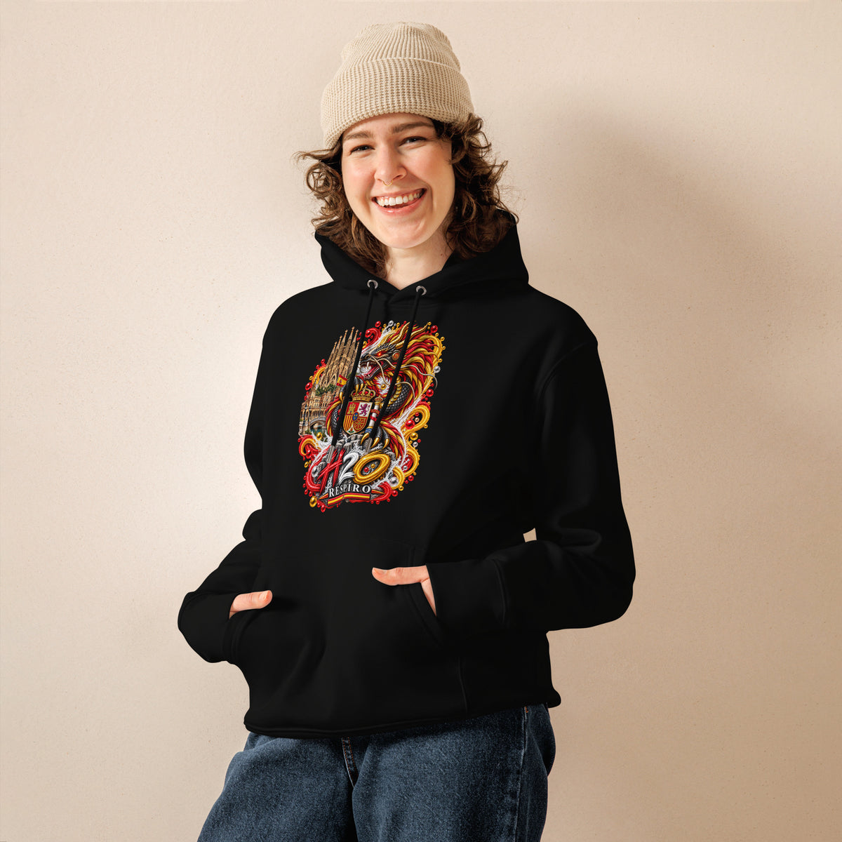 Hoodie premium Dragon Flow – Édition Espagne H2O RESPIRO, noir, vue de face.