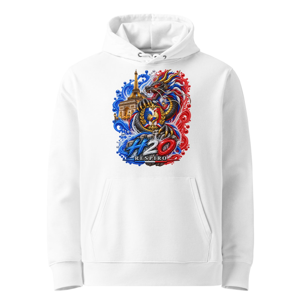 Hoodie premium Dragon Flow – Édition France H2O RESPIRO, blanc, vue de face.