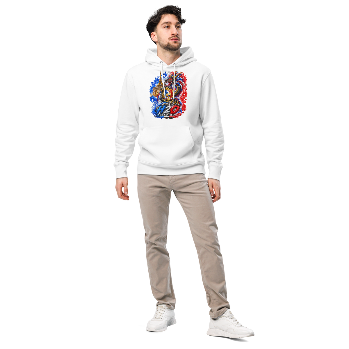 Hoodie premium Dragon Flow – Édition France H2O RESPIRO, blanc, vue de face.