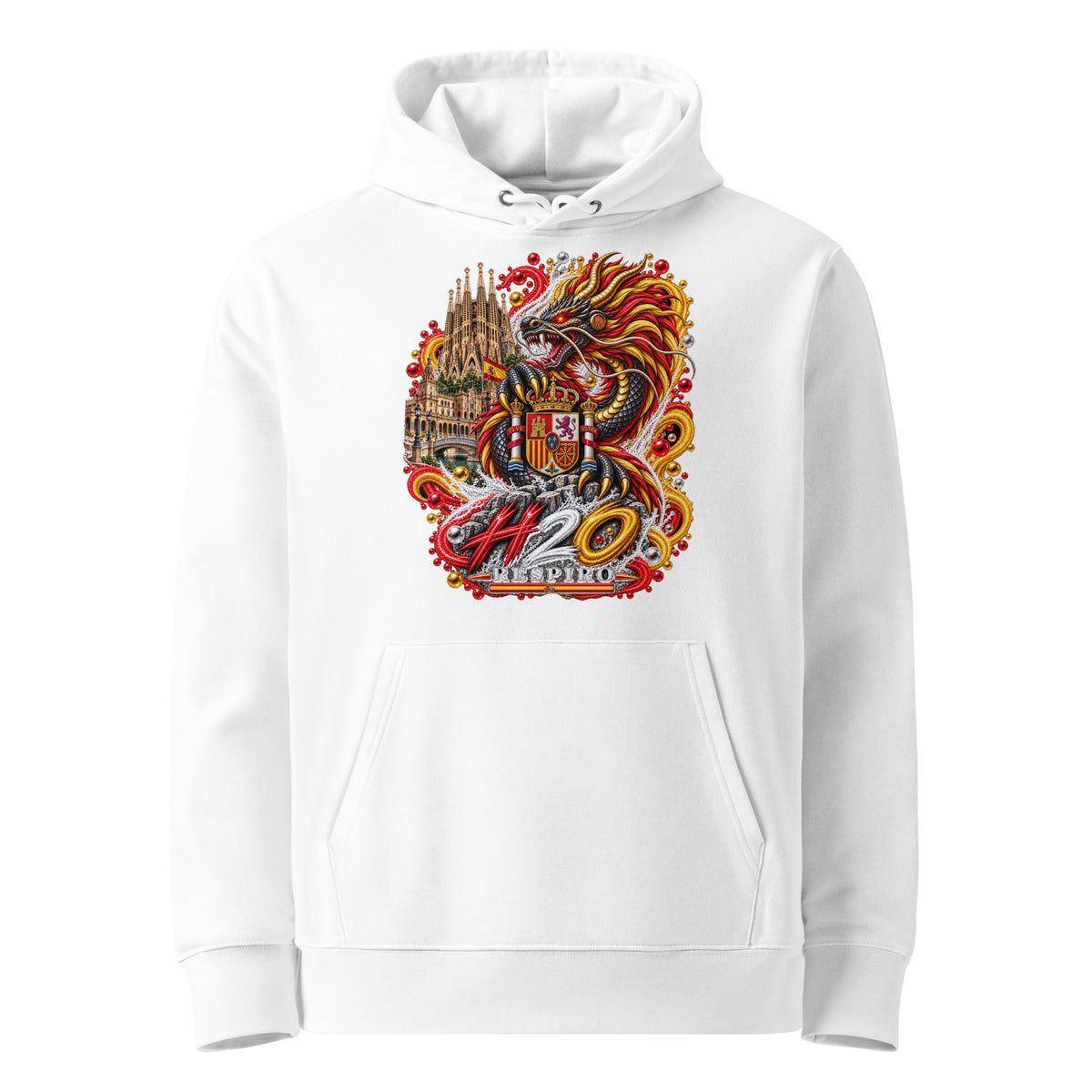 Hoodie premium Dragon Flow – Édition Espagne H2O RESPIRO, blanc, vue de face.