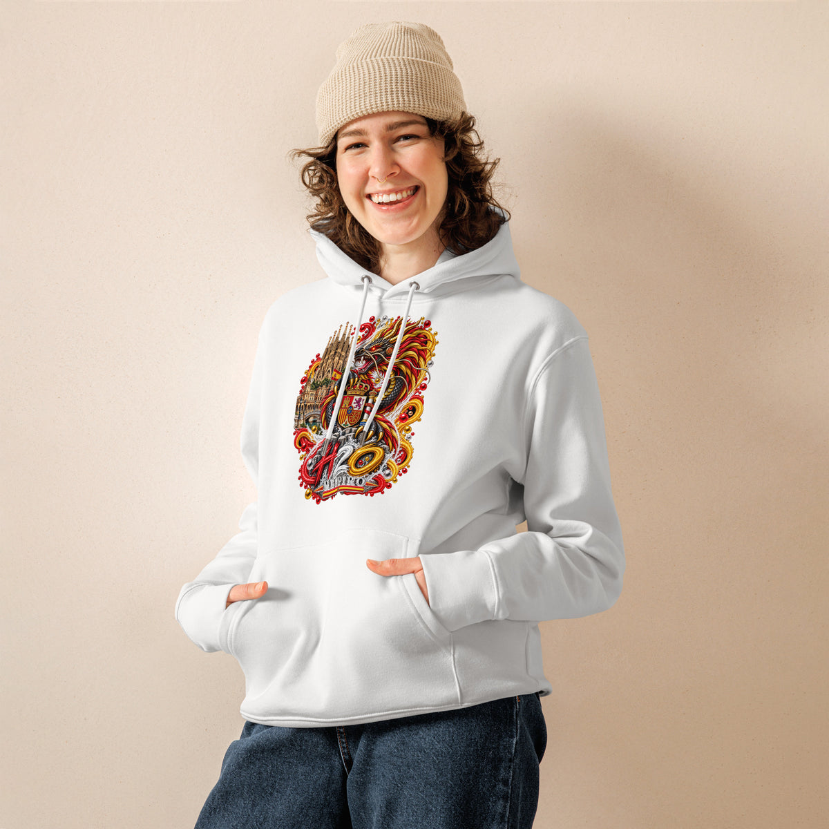 Hoodie premium Dragon Flow – Édition Espagne H2O RESPIRO, blanc, vue de face.