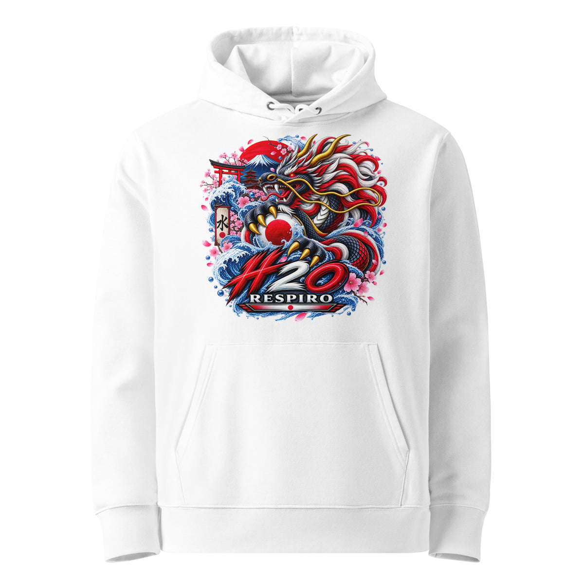 Hoodie premium Dragon Flow – Édition Japon H2O RESPIRO, blanc, vue de face.