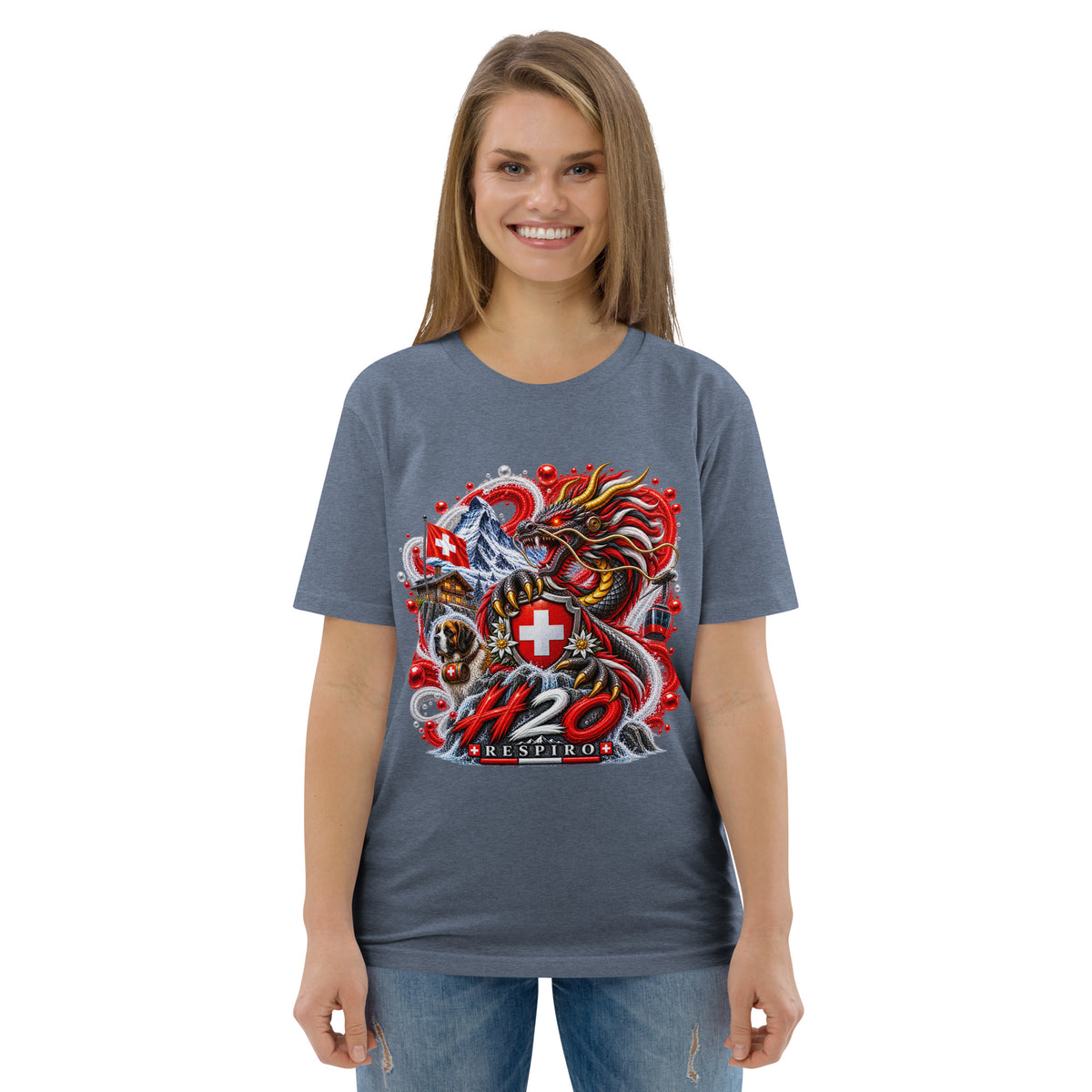  T-shirt unisexe Dragon Flow – Édition Suisse de H2O RESPIRO, en coton, vu de face avec le grand motif dragon rouge et blanc aux couleurs de la Suisse sur la poitrine.

