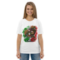 T-shirt unisexe Dragon Flow Édition Italie de H2O RESPIRO, blanc, en coton, porté par une femme souriante avec un grand motif dragon vert, rouge et noir sur le devant.