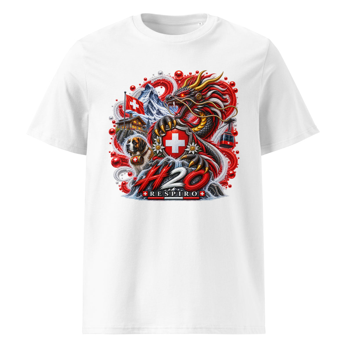 T-shirt unisexe Dragon Flow – Édition Suisse de H2O RESPIRO, en coton, vu de dos avec manches courtes et col rond.

