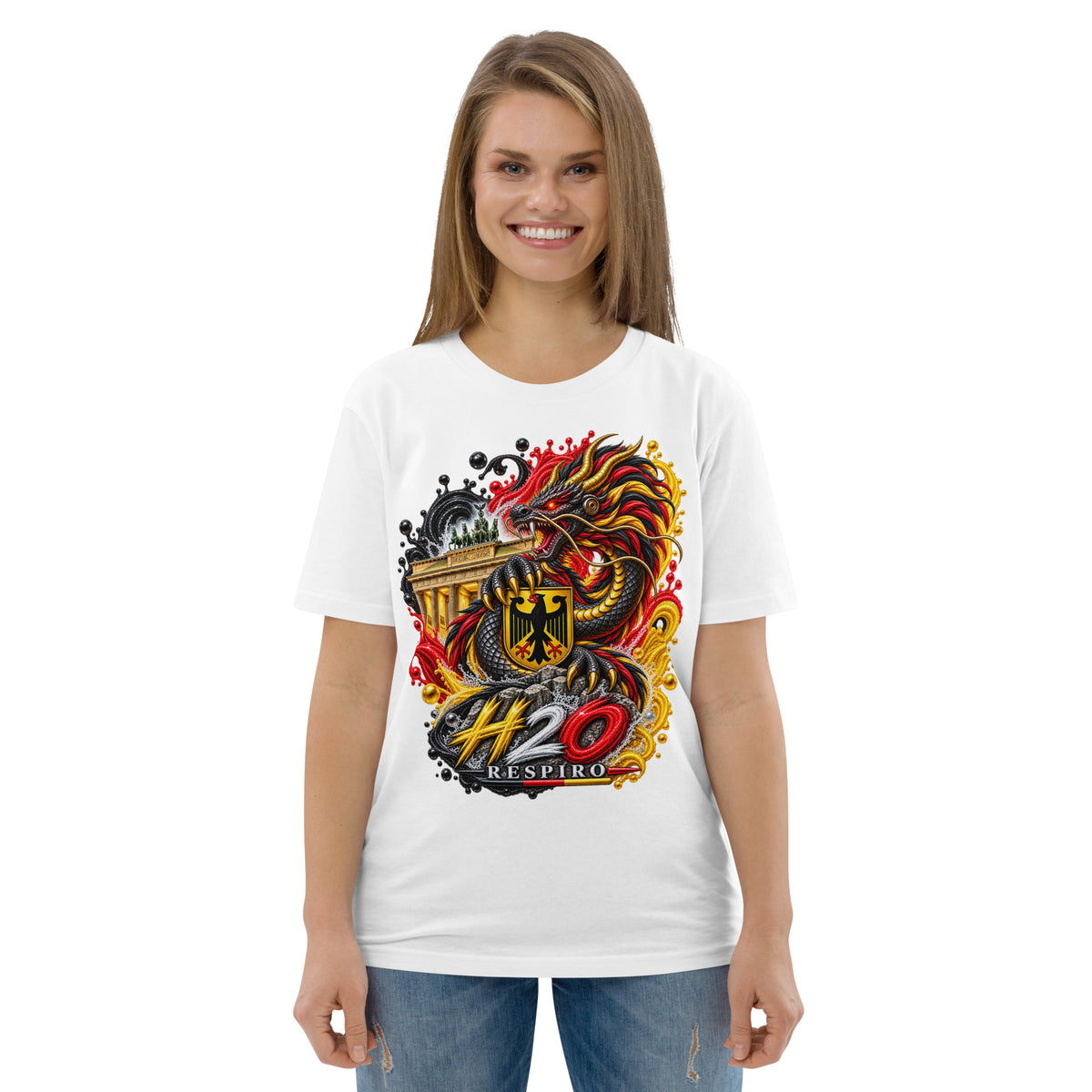 T-shirt unisexe Dragon Flow – Édition Allemagne de H2O RESPIRO, blanc en coton, avec un grand motif dragon coloré sur le devant.

